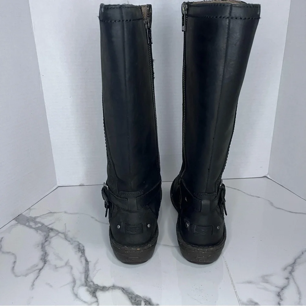 UGG Rosen Tall Black Leather Riding Boots Women’s Size 7 Buckle Zip Winter